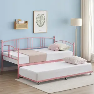 Pink Twin Metal Daybed with Trundle - Fold-Out Bed Frames, Steel Slat Support, Arched Headboard, Sofabed for Living Room, Guest Room