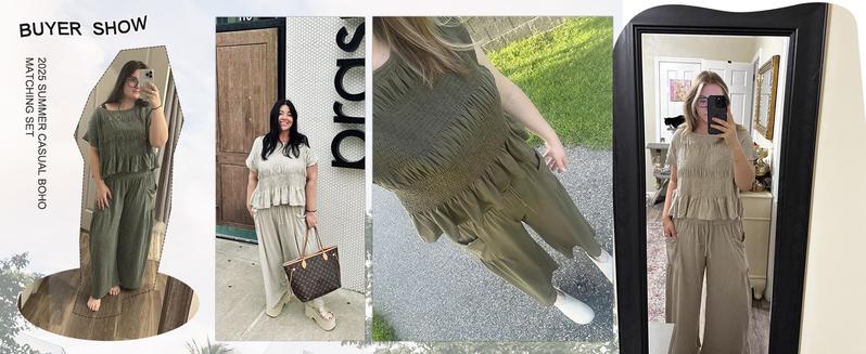 Yeokou Women’s 2-Piece Smocked Top & Wide-Leg Pants Set–High-Waisted Lounge Outfit with Pockets Casual Boho Matching Set