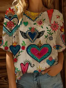 Spring Summer Knit Top, One Shoulder Straps, Colorblock Heart Floral Print Short Sleeve, Casual Elegance Commute Wear, Women's Boho Beachwear, Womenswear