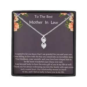 To The Best Mother in law Double Heart Zircon Pendant Necklace with Card and Gift Box, Mother's Day Birthday Christmas Gift
