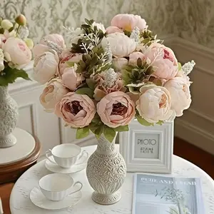 1PCS 13-Head Realistic Champagne Peony Artificial Flower Bouquet - Suitable for Elegant Home and Wedding Decoration, DIY Crafts, Weddings