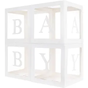 Baby Boxes with 12 Letters for Baby Shower, Baby Shower Decorations for Boy Or Girl, 4 Pcs Transparent Balloon Boxes Clear Blocks for 1st Birthday, Gender Reveal Party Supplies Background