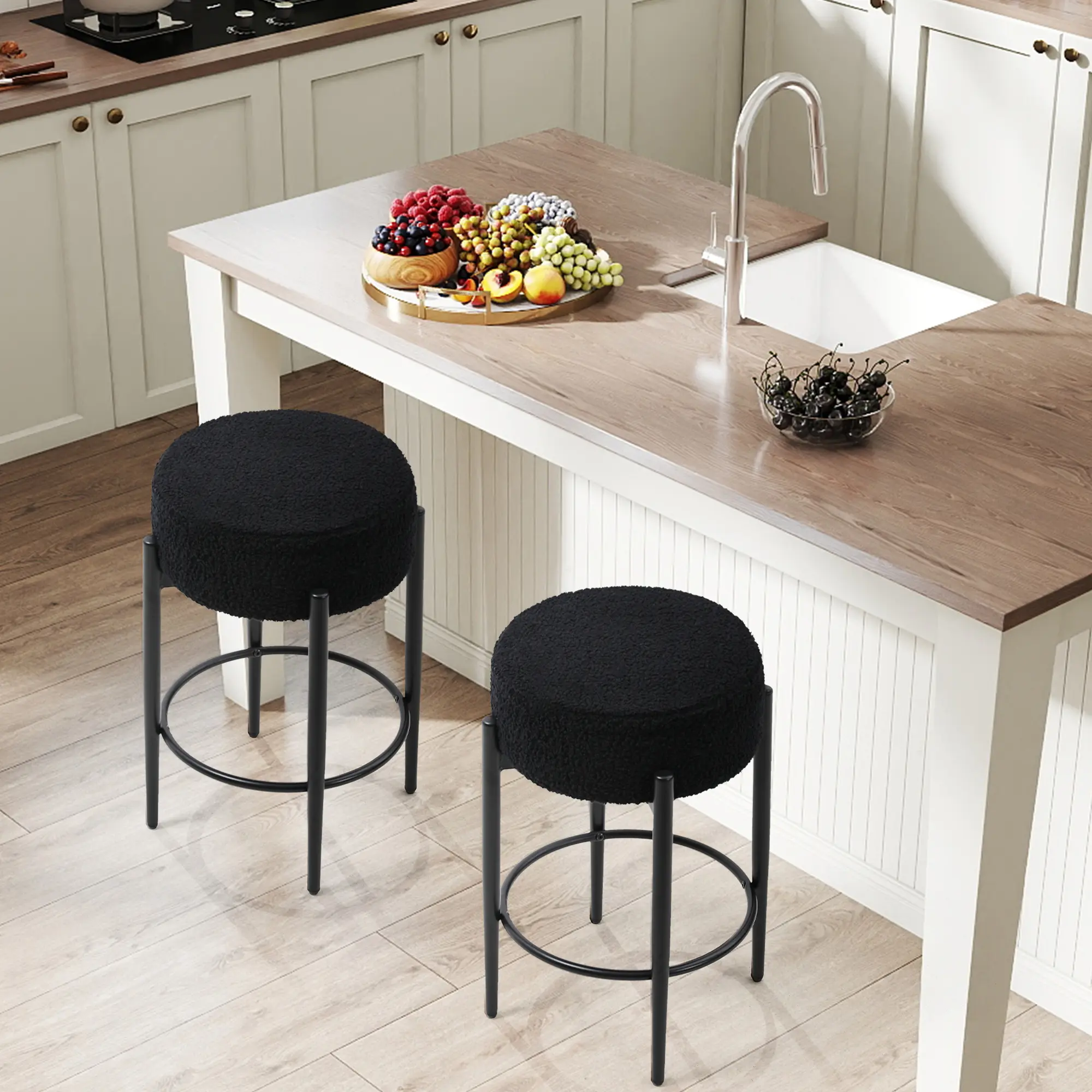 Set of 2 Counter Height Bar Stools, 24" High Boucle Bar Stools, Modern Backless Bar Stools with Thick Foam Seat, for Kitchen, Pub, Island [White Black] summergarden