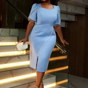 Vestidos de Noche personalizados con borlas y cuentas azules para mujer, vestidos ajustados de manga corta con cuello cua