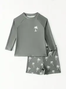 Summer Collection: New Boys' Two-Piece Swim Set, Beach Vacation Sun Protection Swimwear Set, Printed Long-Sleeve Top and Shorts, UV Protection and Water-Resistant