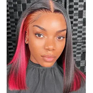 Labhairs 12 Inch Skunk Stripe Wig 13x4 Transparent Lace Front Wigs Human Hair Blunt Cut Style Black Red Highlights Straight Bob 150% Density Glueless Wig Pre Plucked Bleached Knots for Black Women