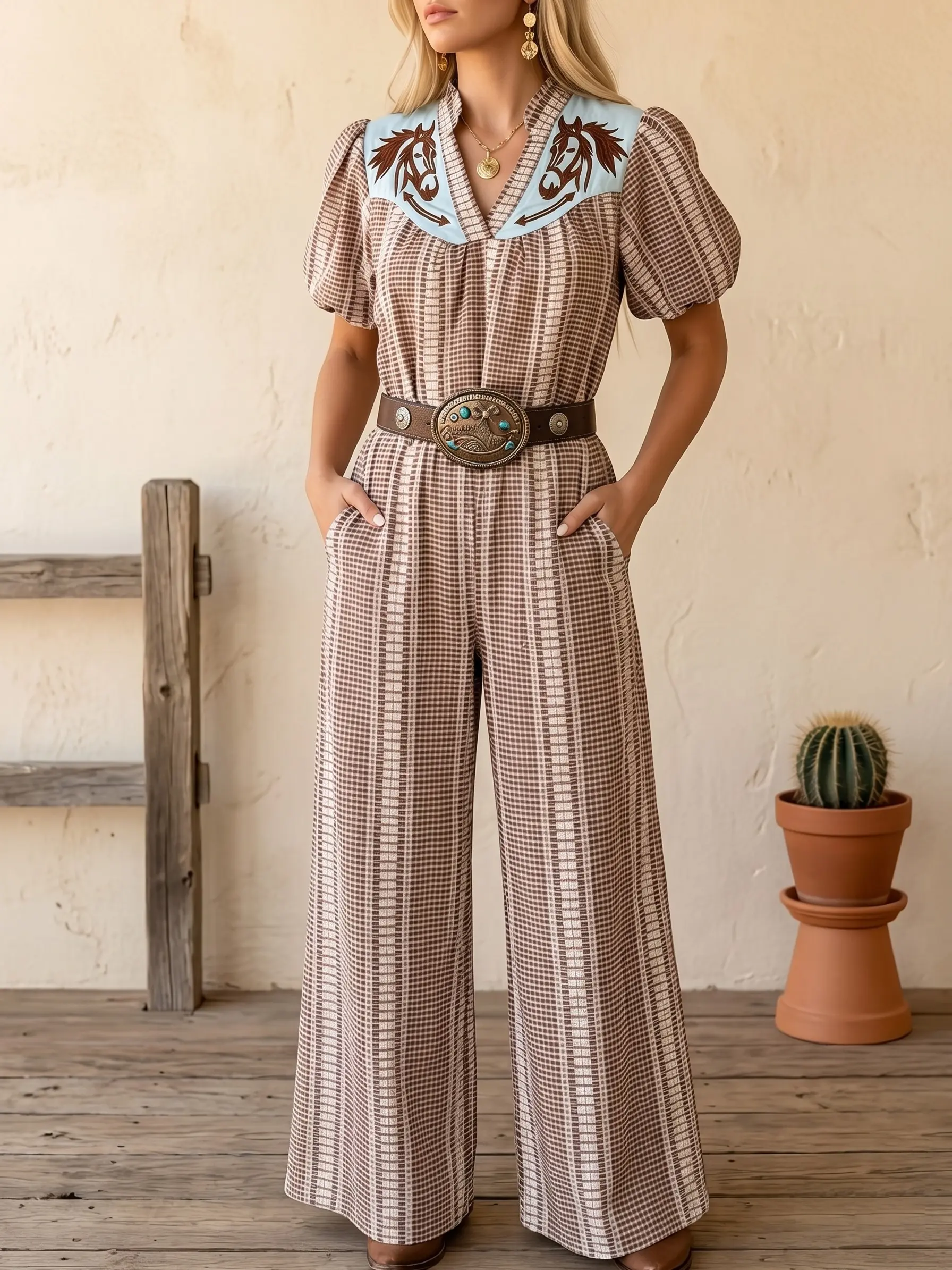 Chic Petal Women's Vintage Floral Wide Leg Jumpsuit - V-Neck Kimono Sleeves, Elastic Waist, Pockets, Flattering Fit | Womenswear Western OOTD