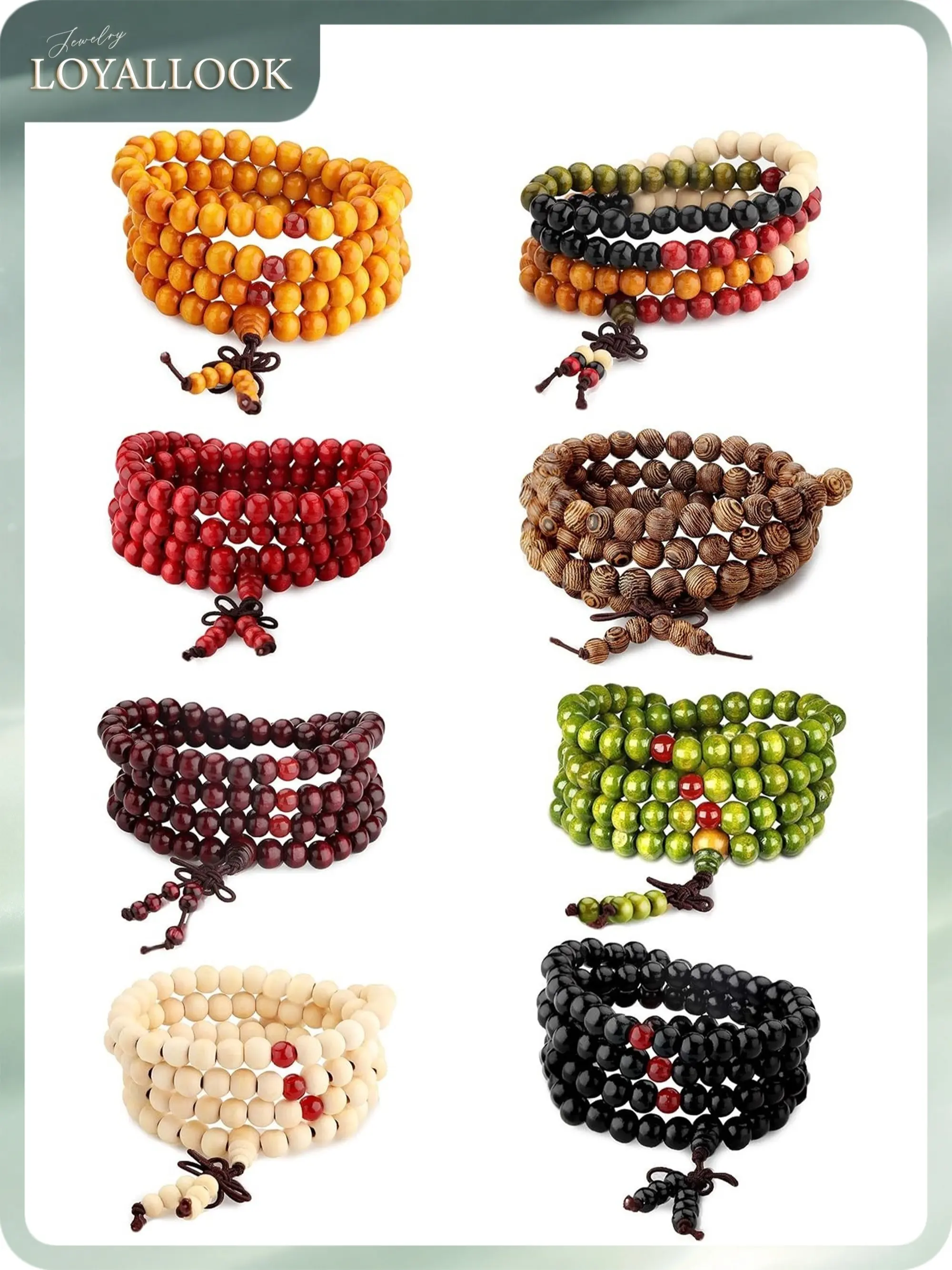 LOYALLOOK 8Pcs 108 Mala Bead Bracelets 8MM Tibetan Buddha Wood Beaded Sandalwood Link Wrist Necklace Chain Bracelets Multilayer Buddhist Prayer Strand Bracelet Meditation Necklace Elastic Chinese Knot