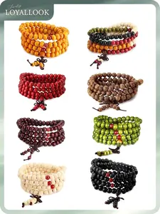 LOYALLOOK 8Pcs 108 Mala Bead Bracelets 8MM Tibetan Buddha Wood Beaded Sandalwood Link Wrist Necklace Chain Bracelets Multilayer Buddhist Prayer Strand Bracelet Meditation Necklace Elastic Chinese Knot