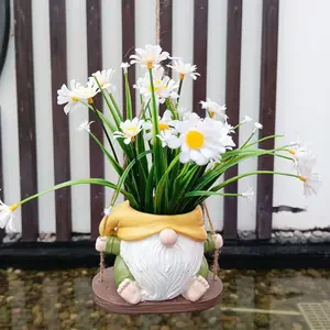 Cute Gnome Dwarf Swing Hanging Planter - Resin Craft Outdoor Garden Patio Decor, New Christmas Plant Pot, Swinging Planter, Outdoor Planters, Unique Pots, Weather-Resistant & Durable