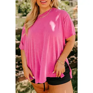 Coral Plus Size Solid Color Drop Shoulder Side Split T Shirt
