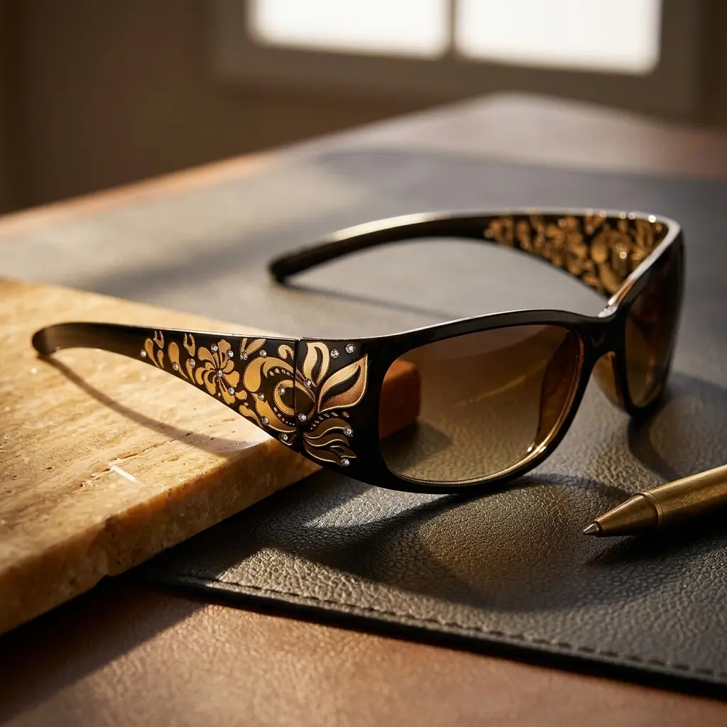 Women's Gold Floral Rhinestone Sunglasses - UV400 Gradient Brown Lenses, Vintage Wrap-Around Fashion Eyewear for Outdoor Use