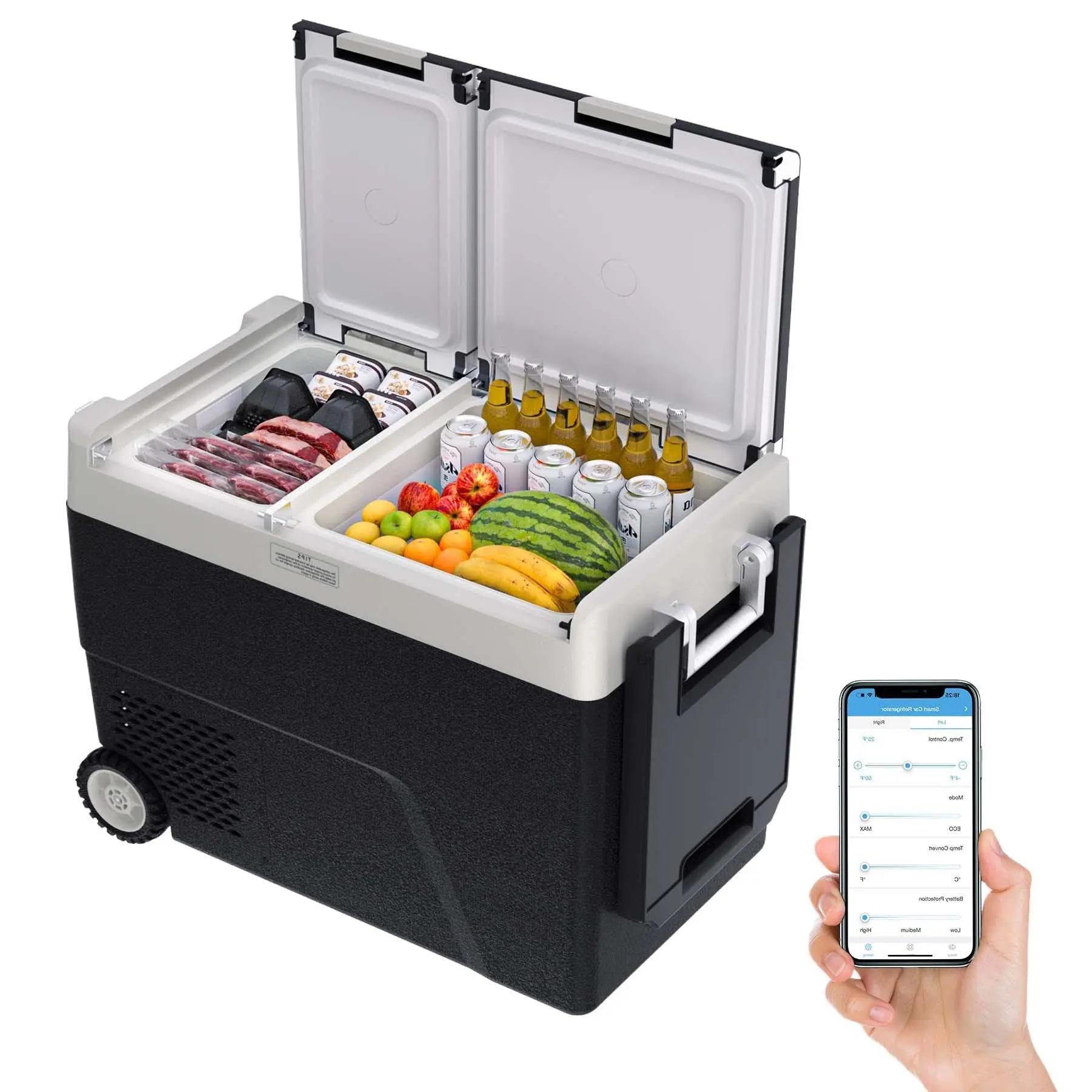 GARVEE 51 QT Car Refrigerator, 12V Portable Electric Freezer, Dual Zone -4℉-68°F, App Control, Movable Wheels, for Camping, Picnic, Travel, Road Trip, Home,12/24V DC & 110/240V AC