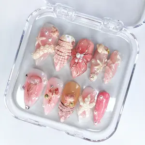 milo.nail&care Pink Seashell Pearl Press-On Nails, 3D Starfish & Coral Detail, Glossy Ocean Mermaid Design, Handmade Luxury Almond Beachcore Summer Nail Set
