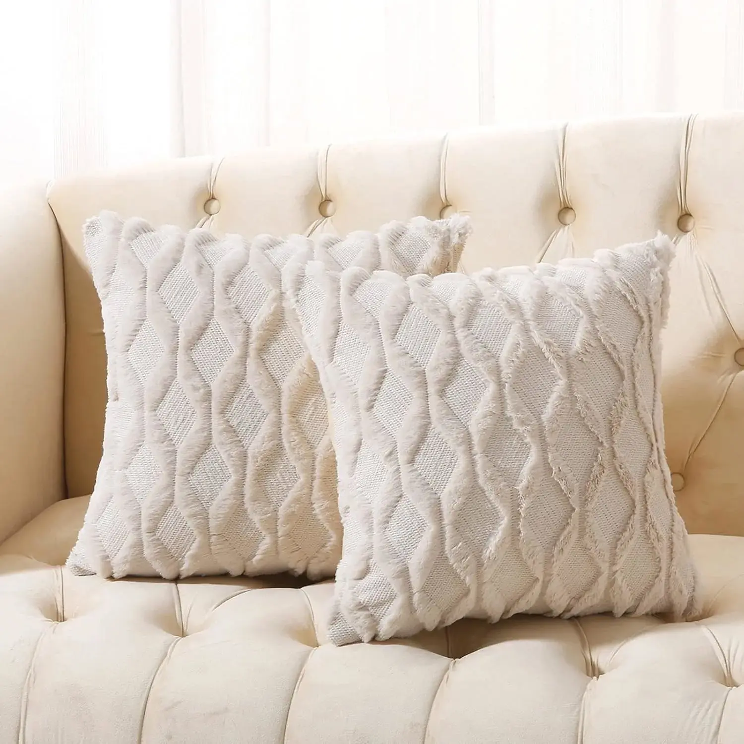 Pack of 2 Faux Wool Throw Pillow Covers 20x20 Inches Decorative Farmhouse Velvet Couch Pillow Case Soft Plush Square Boho Cushion Pillowcase, Embroidery, Geometric, Home, Beige