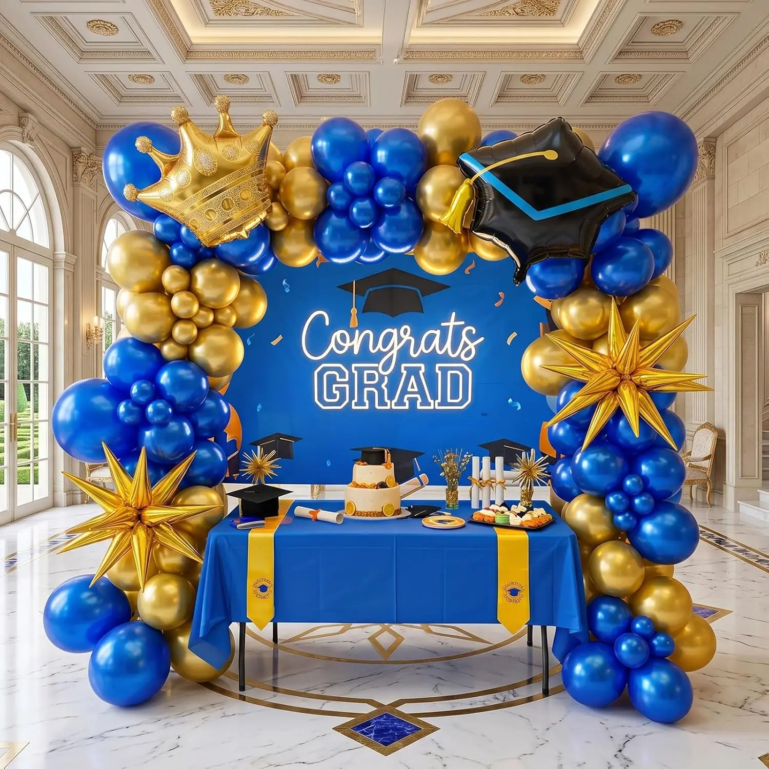 105-Piece Royal Blue & Gold Graduation Balloon Garland Kit with Star, Crown & Graduation Cap