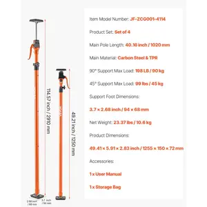 VEVOR Cabinet Jack Support Pole, 4-Pack, 49.2-114.6 Inch Steel Telescopic Quick Support Rod, Adjustable 3rd Hand System up to 198 lbs Capacity for Installing Cabinets, Lifting Drywall, Cargo Bars