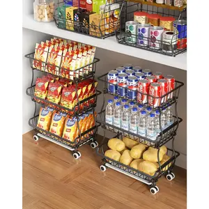 3-Tier Fruit Vegetable Basket for Kitchen, Rolling Pantry Snack Organizer Cart on Wheels for Under Pantry Shelves, Stackable Wire Kitchen Storage Rack for Storing Fruit Onion Potato Bread