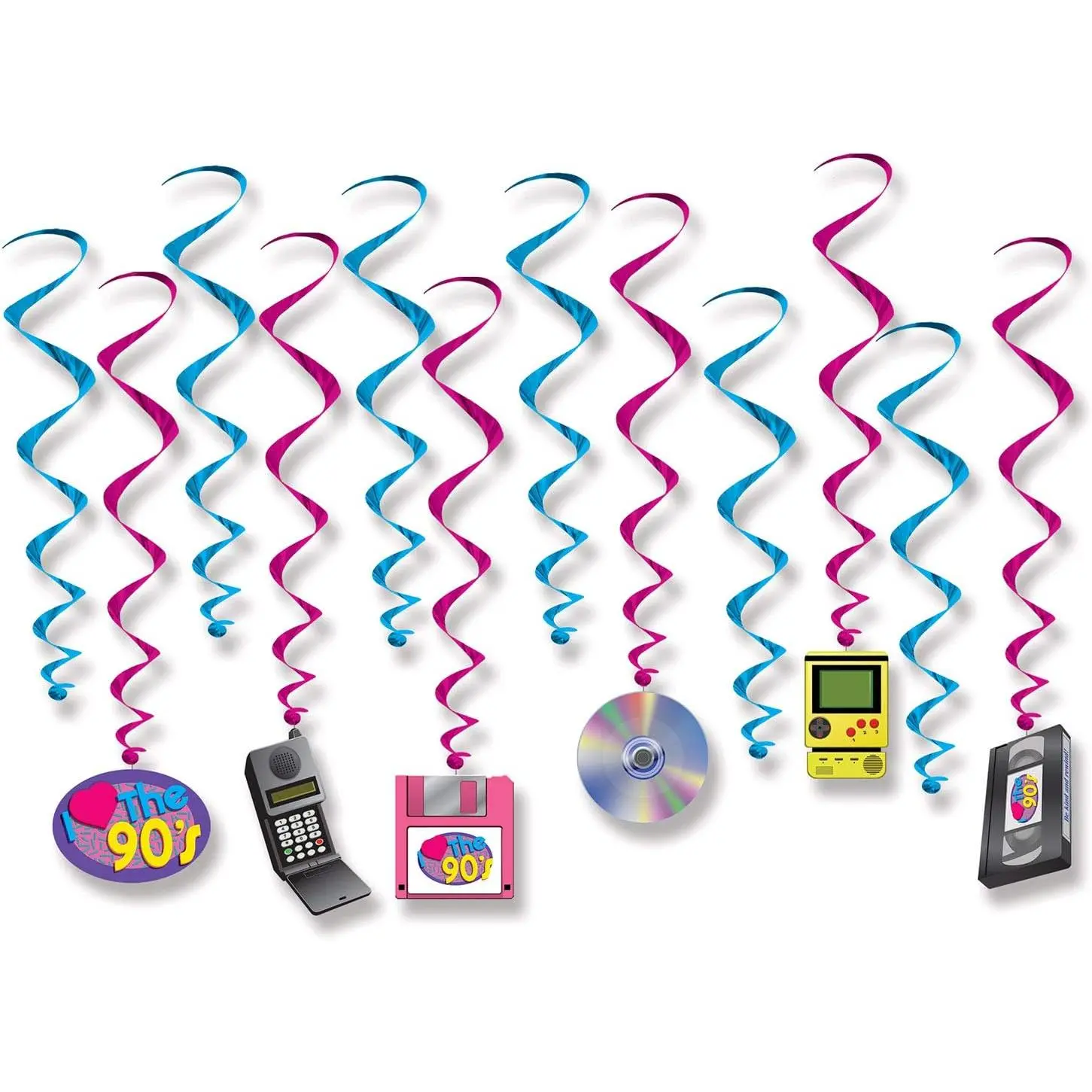 I Love The 90's Whirls - 12 Pcs Metallic Blue & Pink Hanging Swirls with 90's Cutouts for Indoor & Outdoor Party Decor