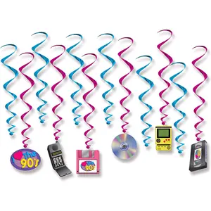 I Love The 90's Whirls - 12 Pcs Metallic Blue & Pink Hanging Swirls with 90's Cutouts for Indoor & Outdoor Party Decor