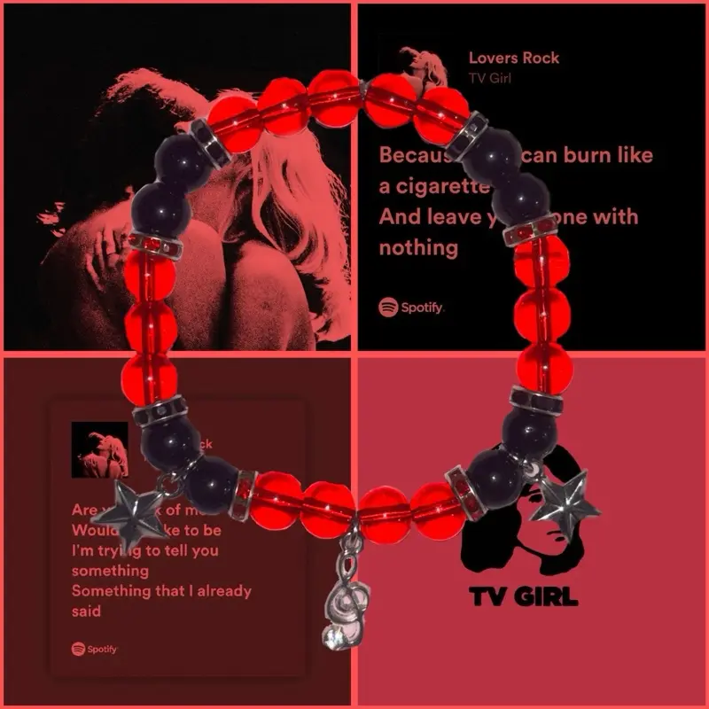 Tv Girl Lovers Rock Bracelet - Red Beads with Decorative Elements, Featuring "Because a Cigarette Can Burn Like Nothing" Design