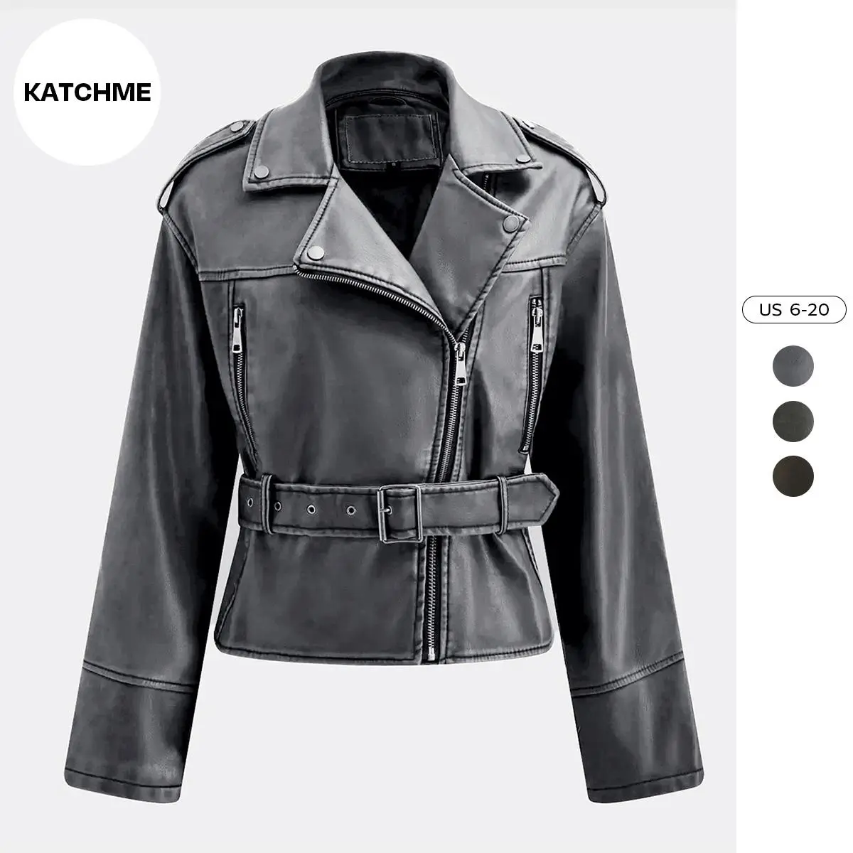 KatchMe Womenswear Epaulets Zipper Belt Decor PU Biker Jacket Coats,Outerwear Jacket,Ladies Biker Zipper Pocket Clothes Womenswear(US)