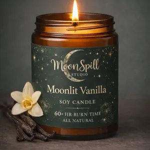 MoonSpill Studio Moonlit Vanilla Soy Candle 60+ HR Burn Time All Natural Aromatherapy Scented Wax