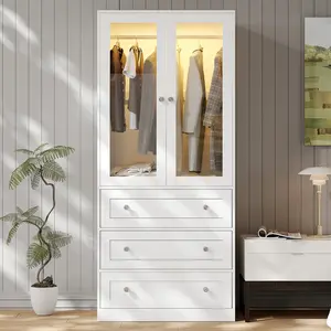 VOWNER Modern Glass Door Wardrobe with 3 Drawers – Sensor & Steady Lighting Modes, Adjustable Brightness, and Aluminum Alloy Hanging Rod