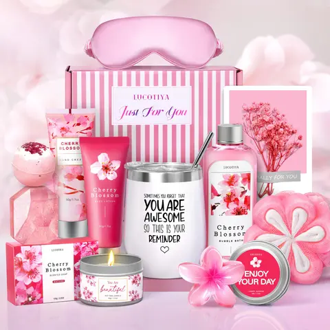 Women's 10-Pc Cherry Theme Self Care Spa Set - Festive Party Care Package with Beautiful Gift Box, Ideal Womens Gifts for Girlfriend, Christmas Basket for GF, Best Friend Holiday Present