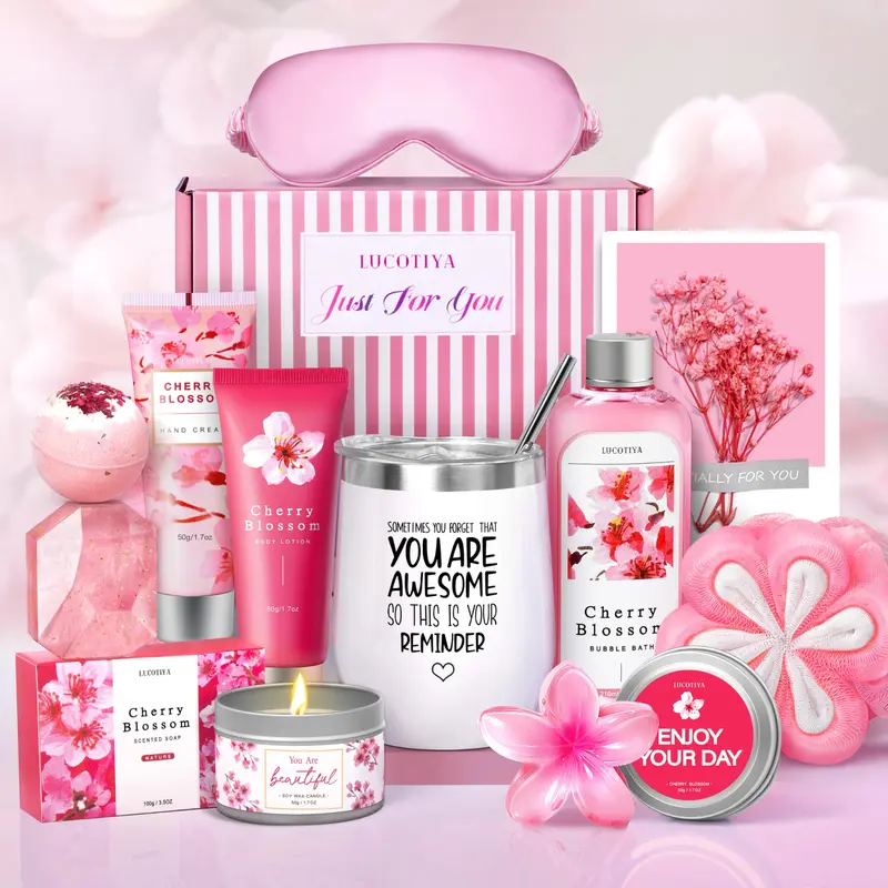 Gifts for Women Birthday Gifts, Spa Gifts Set- 10 Pcs Christmas Valentine's Mother's Day Gifts and Cherry Blossoms Self Care Package Gifts Women, Relaxing Gifts Basket Thanksgiving gifts