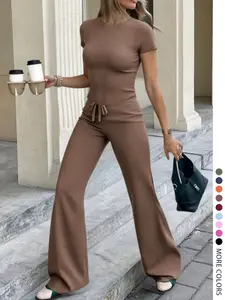 Lovely Fit Women's Basic Fashion Casual Solid Color Round Neck Short Sleeve Top and Drawstring Adjustable Pants Two-Piece Set Outfit, Spring and Summer Women's Clothing