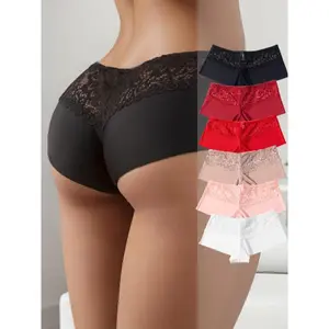 6-Pack Elegant Nylon Boyshorts & Boxers for Women,90% Nylon 10% Elastane,Solid Color with Contrast Lace Detail, Breathable Knit Fabric,White Pink