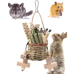 Rabbit Chew Toys, Natural Seagrass Hanging Basket Chews Water Plant Woven Bunny Chewing Treats for Guinea Pigs Chinchillas Hamsters Rats and Other Small Pets Teeth Grinding Toy