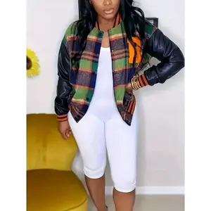Plus size letter printed checkered pattern comparison PU leather sports jacket, women's plus size elastic casual jacket, women's down jacket, kimono set, non elastic fabric concert denim jacket Coats Tops