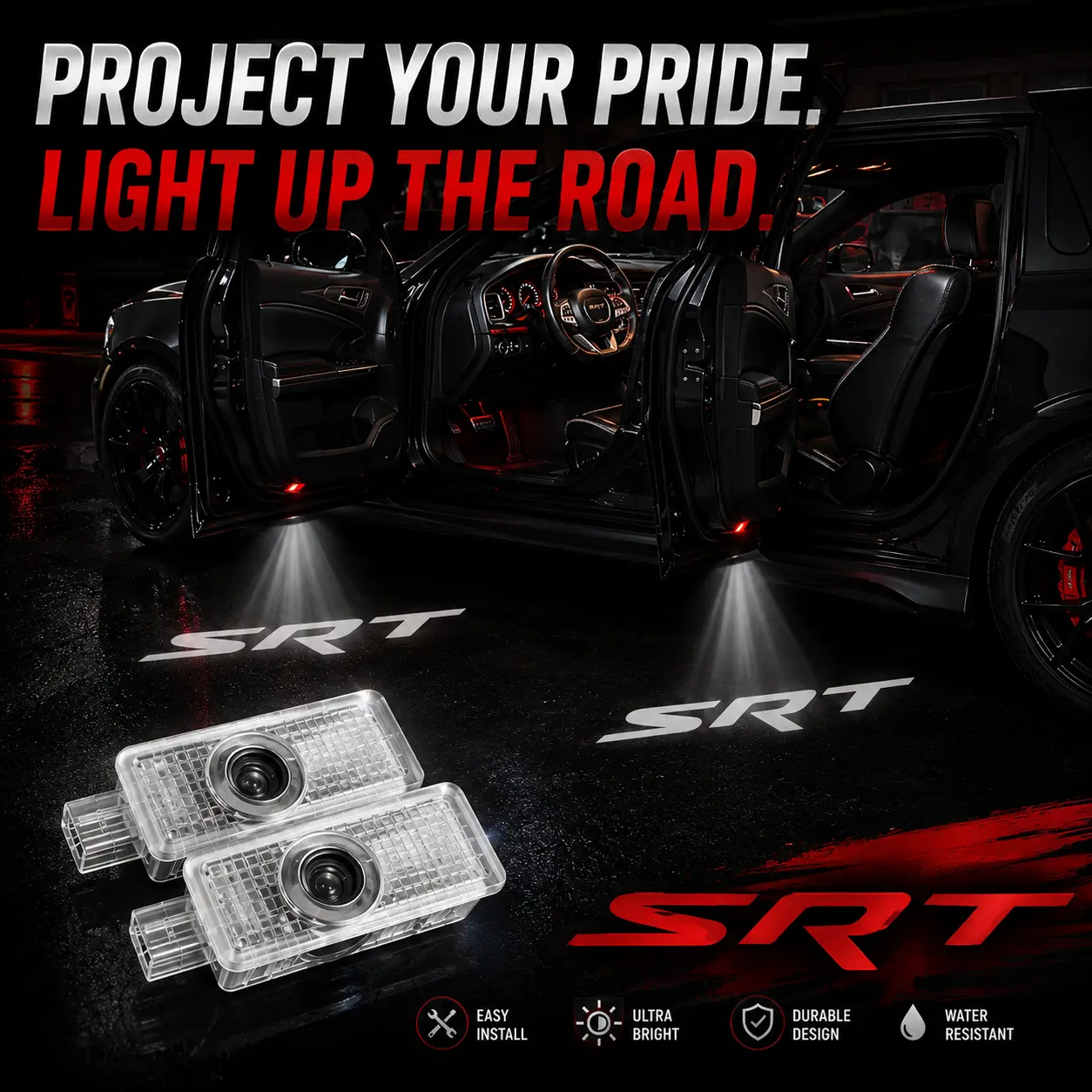 Dodge Charger Challenger LED Door Puddle Lights – SRT, Hellcat, Scat Pack, R/T Logo Projection (Pair or 4-Pack) door projection light Car Accessories Lamp