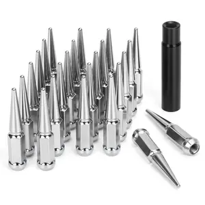 14 mm x 1.5 Wheel Spike Lug Nuts, 24 x Chrome M14x1.5 Lug Nut, Cone/Conical Bulge Seat, Silver Closed End Nuts with 1 Socket Key Compatible with Chevy Silverado 1500 Aftermarket Wheel