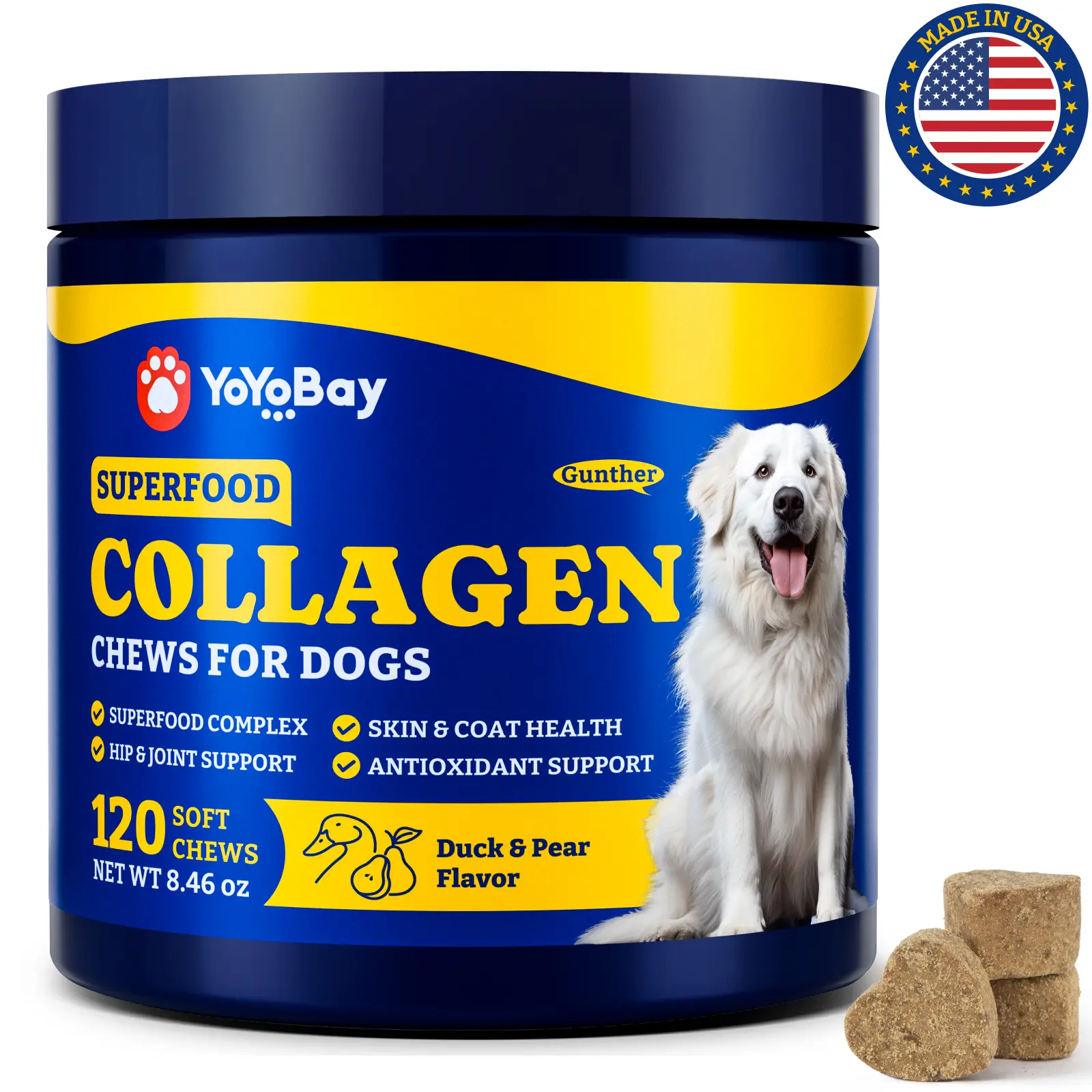 Collagen for Dogs - YoYoBay Collagen Soft Chews for Hip, Joint, Cartilage & Mobility Support, Skin & Coat Supplement for Dogs, with Types I, II & III Collagen and Superfood - 120 Count, Duck & Pear Flavor