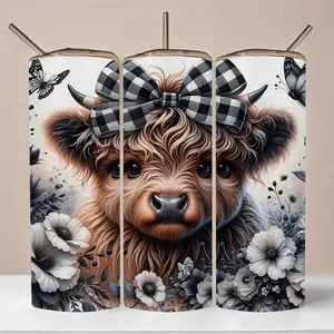 20oz Highland Cow & Floral Stainless Steel Insulated Thermal Flask Travel Mug with Lid and Straw, Perfect Gift for Office, Outdoor, Camping, Tumbler, Bottles, Portable Drinkware