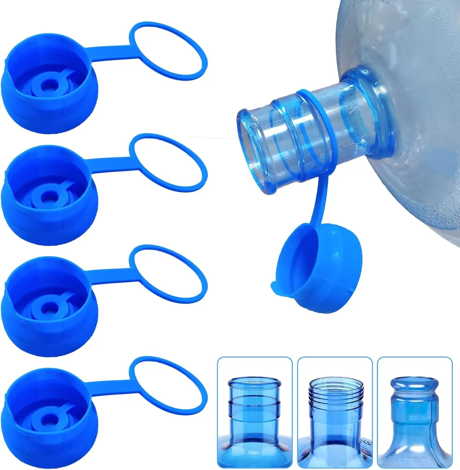 4-Pack Thick Reusable Food-Grade Silicone Bottle Covers, Splash Proof Lid for 3 & 5 Gal Water Bottles, Non-Spill Flexible Drinkware Accessories, Hand Wash Kitchen Essentials, Leakproof Lids Set campingessentials