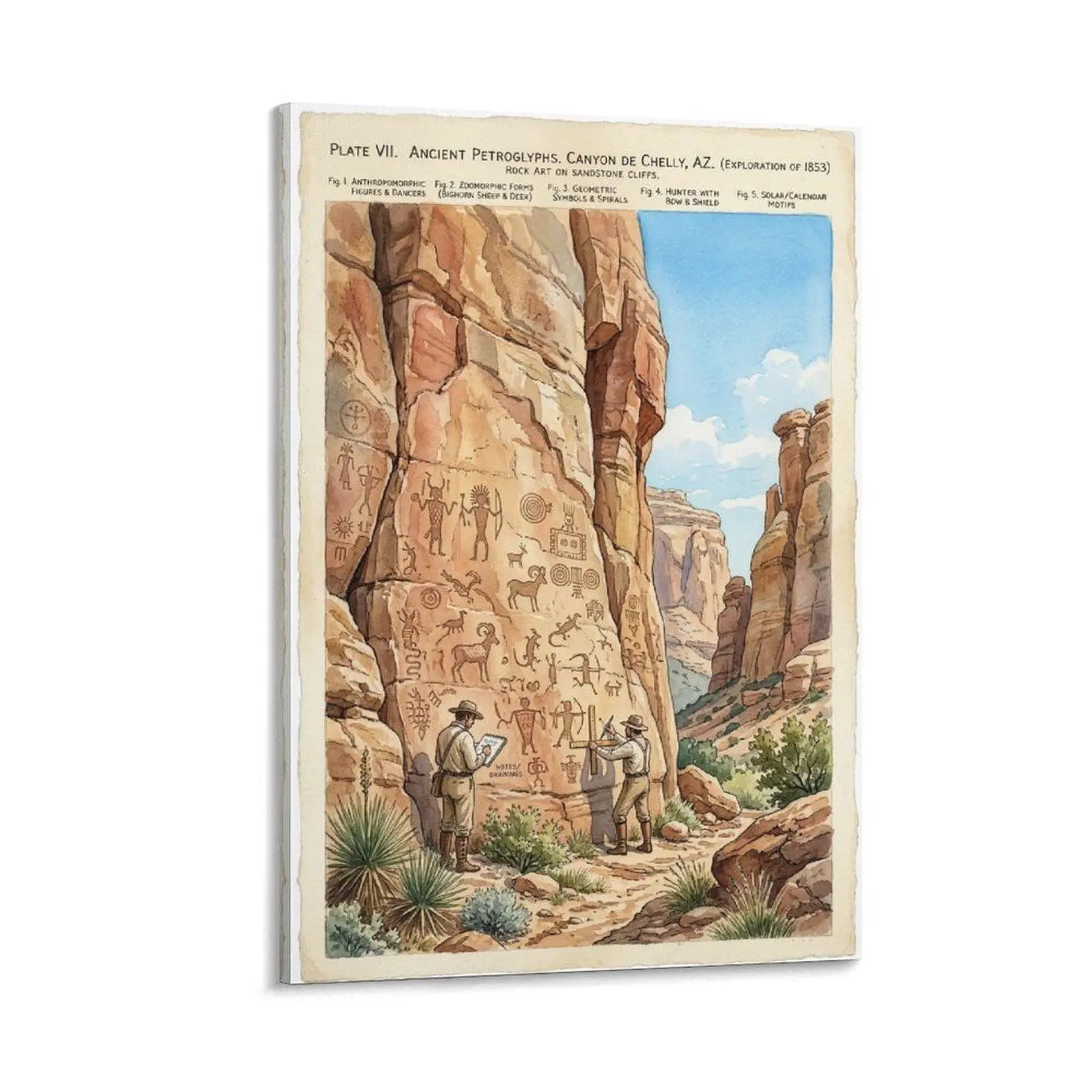 1pc Artistic Printed Canvas Wall Art - 1853 Vintage Exploration Ancient Petroglyphs Canyon de Chelly AZ, Desert Archaeology Theme Decoration for Home, Office