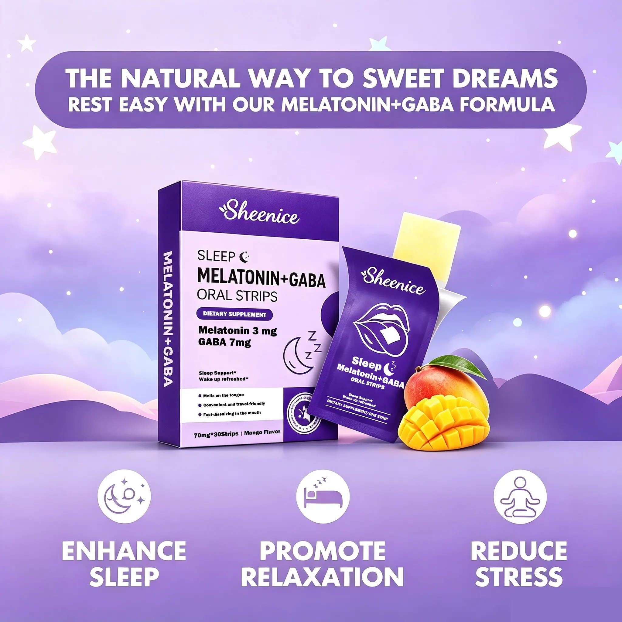 Sheenice Melatonin Edible Sleep-Aid Fast-Dissolving Strips, Mango Flavor, Portable, Natural Vegan Non-GMO Gluten-Free Dietary Supplement, 30 Pieces for Healthy Sleep Supplement Routine, Healthy Sleep Supplements