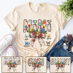 Custom Floral Bow Butterfly Mimi Shirt For Grandma, Mothers Day Gift For Mimi Birthday, Custom Grandkids Names For Mimi Gigi Nana Tee