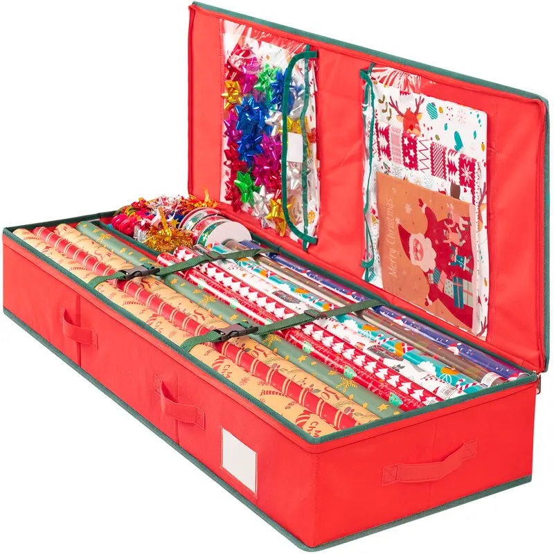Criusia Wrapping Paper Storage Bag - Organizational Zipper Storage for Christmas Holiday Decoration, Underbed Space-Saving Bag with Compartments, Holds Up to 24 Rolls, Reduces Clutter for Gift Prep