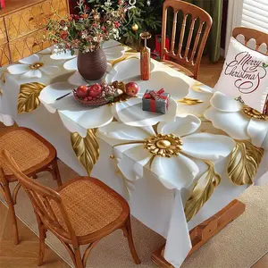 Rectangular Tablecloth with Aesthetic 3D Flowers and Gold Details, Polyester Material, Easy Clean, Multiple Sizes Available