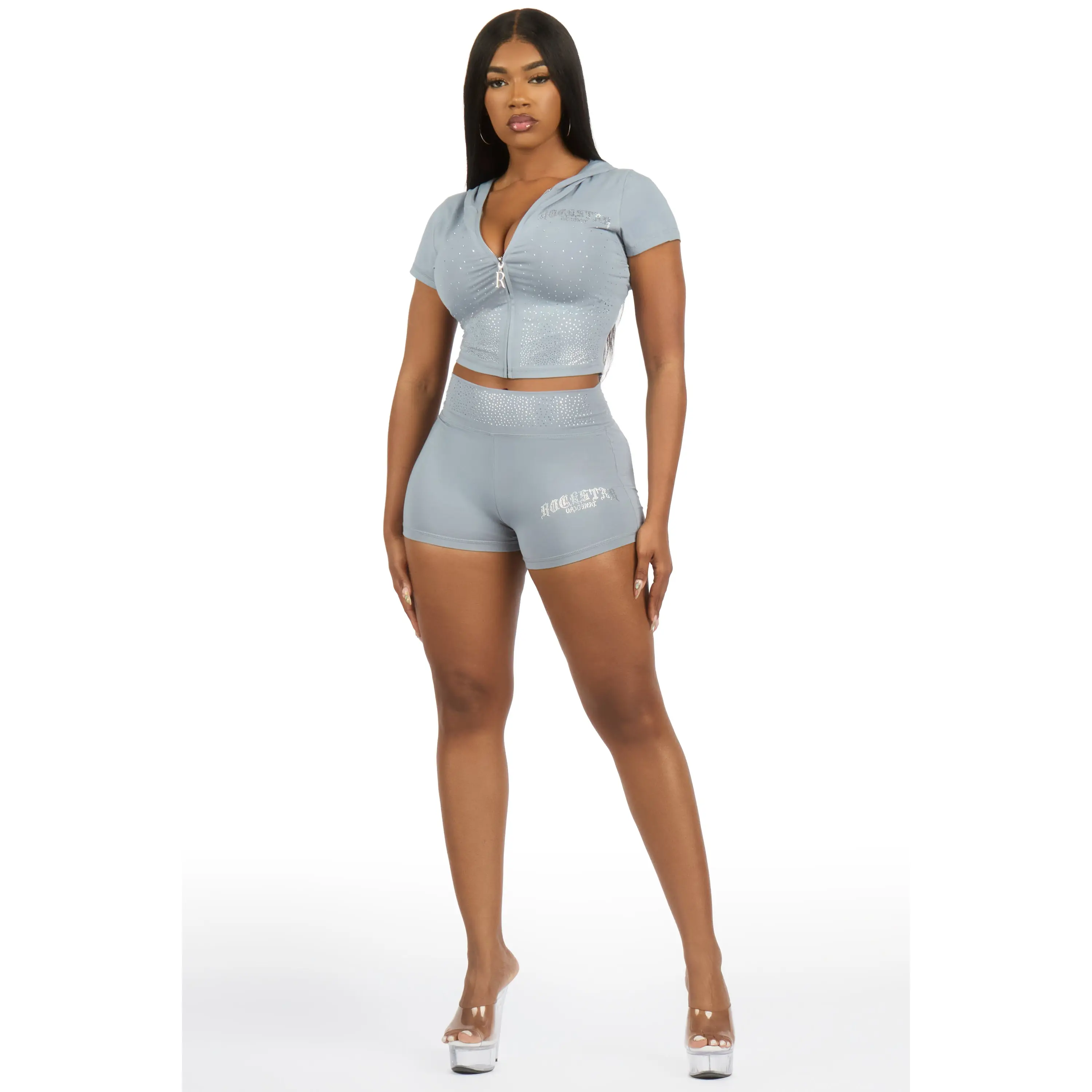Jontella Grey Rhinestone Short Set