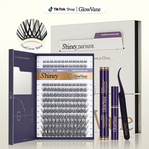 Shiney | GlowVane TrueCurve Cluster Lash Kit, Natural Wispy Black & Brown Lashes, 0.03mm Curved Band, Soft Lightweight, DD Curl, 8–18mm, Beginner-Friendly