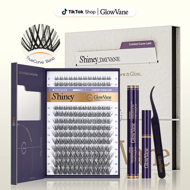 Shiney | GlowVane TrueCurve Cluster Lash Kit, Natural Wispy Black & Brown Lashes, 0.03mm Curved Band, Soft Lightweight, DD Curl, 8–18mm, Beginner-Friendly
