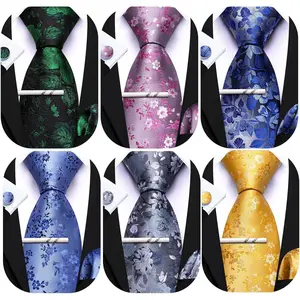 Mens 6 PCS Ties Silk Striped Paisley Check Floral Necktie Pocket Square Tie-Clip Wedding Business Party Ties 3.34"