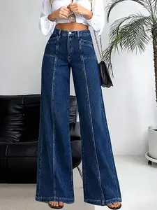 Women 's Wash Wide Leg Jeans Fashion Solid Color Vintage Denim Trousers for Party Reunion Casual Wear