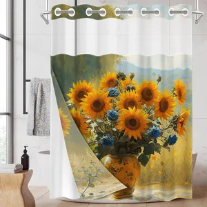 1pc 2D Flat Printing hookless shower curtain liner Oil Painting Style of Sunflowers and Blue Flowers Fabric waterproof Floral Shower Curtain with transparent window, double-layer, 71 x 74 inches, modern home decoration, Floral Shower Curtains For Bathroom